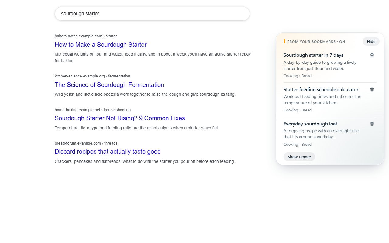 A Google-style results page with the Bookmark Assistant panel on the right, listing three matching bookmarks with descriptions and folder paths.